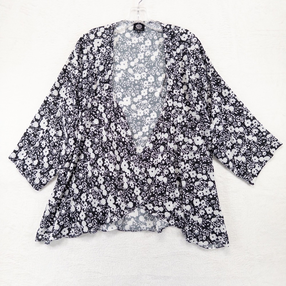 Bobeau Womens Kimono Topper XL Black White Floral Chiffon Open Front Top Boho